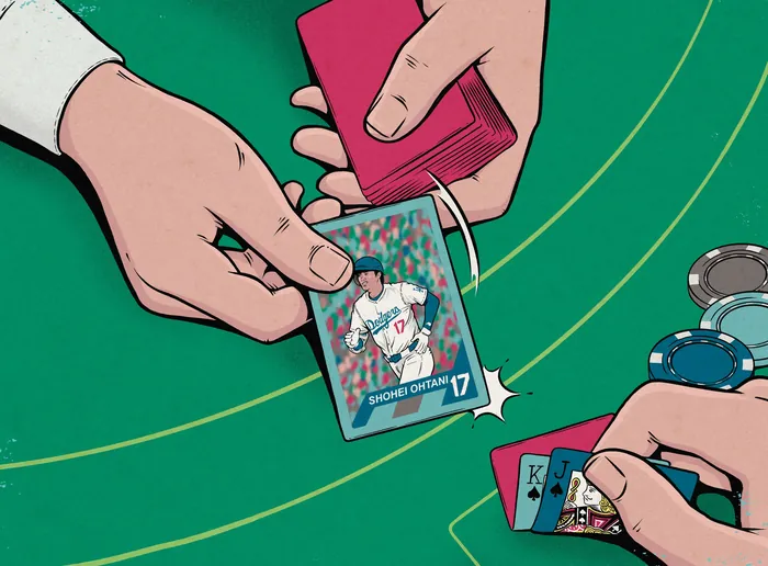 Hands exchanging a sports trading card near poker chips on a green table.