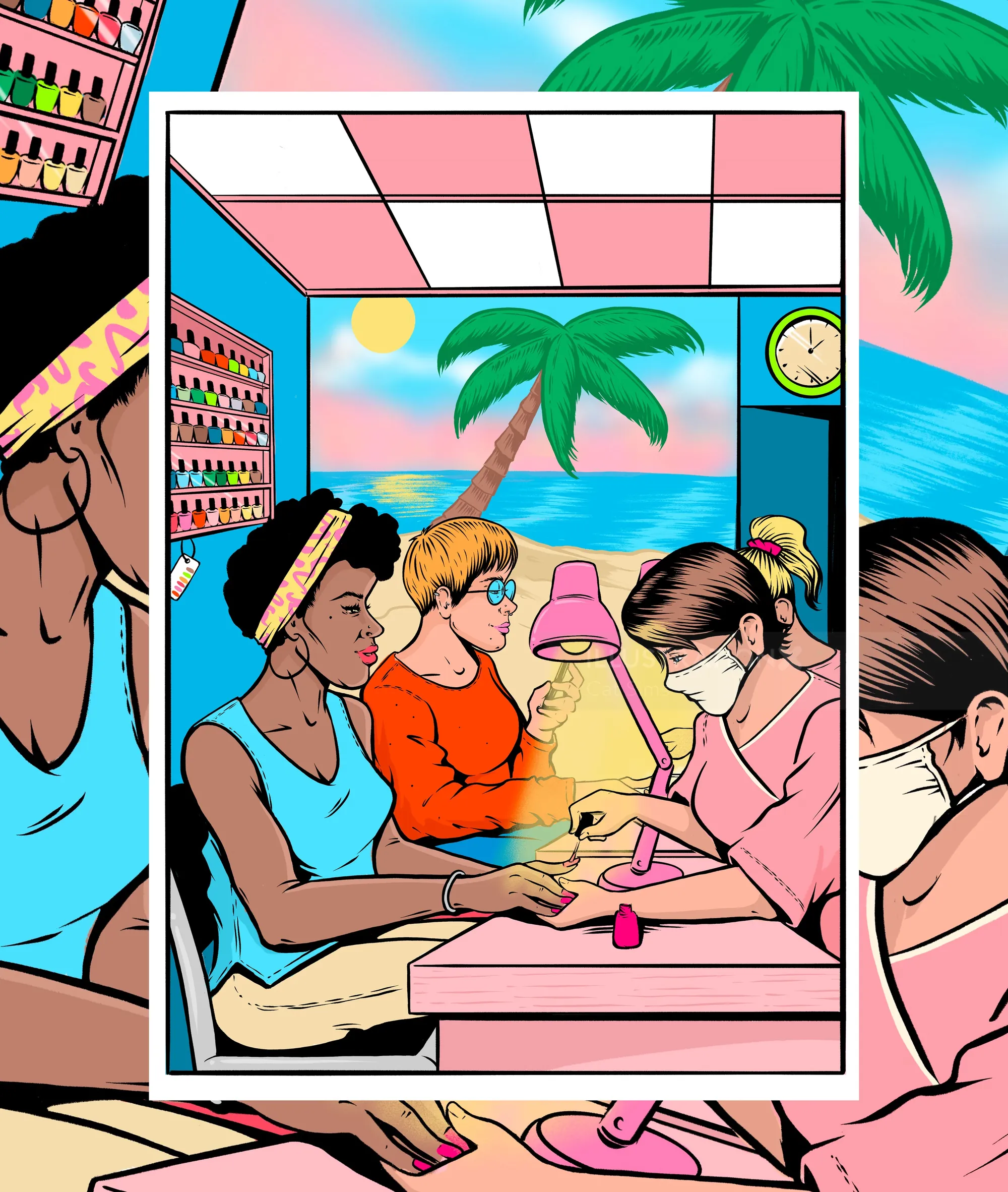 Women enjoying a nail salon with a beach view and palm trees