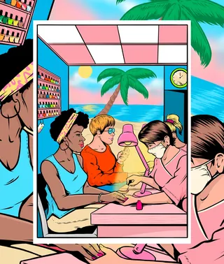 Women enjoying a nail salon with a beach view and palm trees