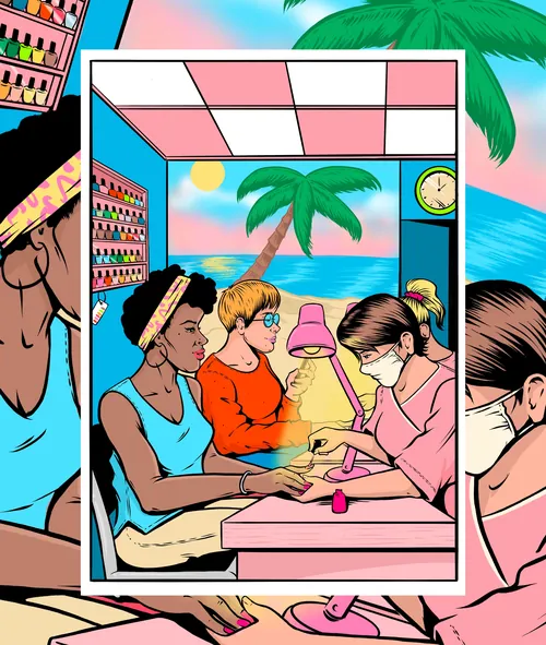 Women enjoying a nail salon with a beach view and palm trees