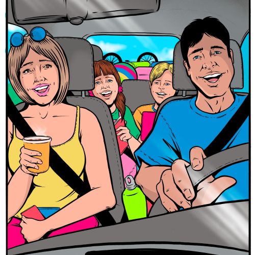 Family of four smiling while riding in a car