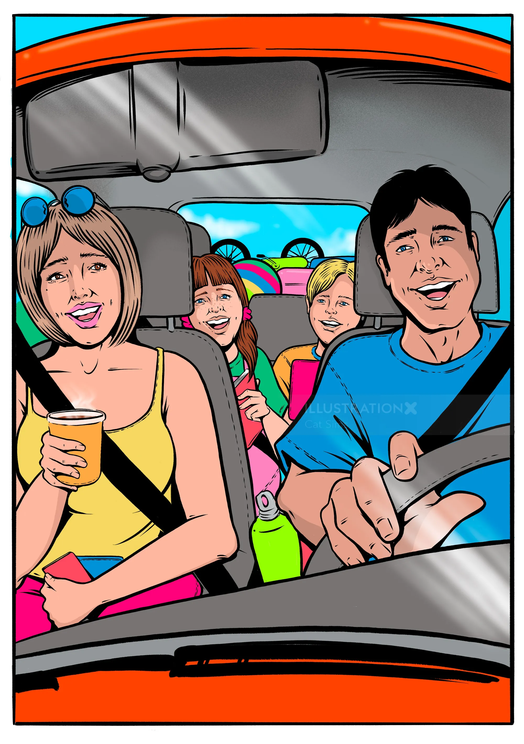 Family of four smiling while riding in a car