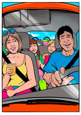 Family of four smiling while riding in a car