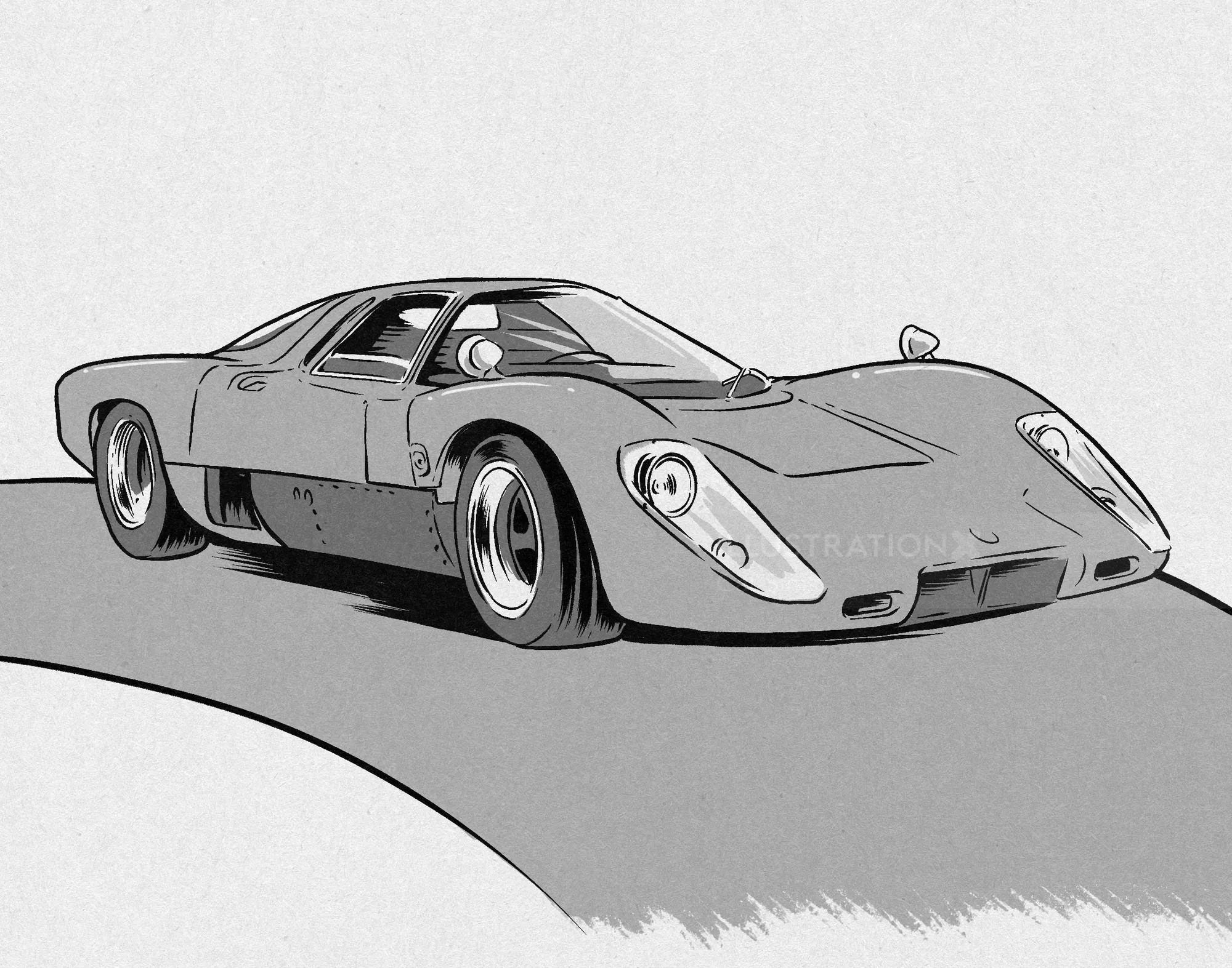 The image depicts a classic racing car, McLaren M6GT