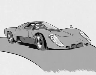 The image depicts a classic racing car, McLaren M6GT