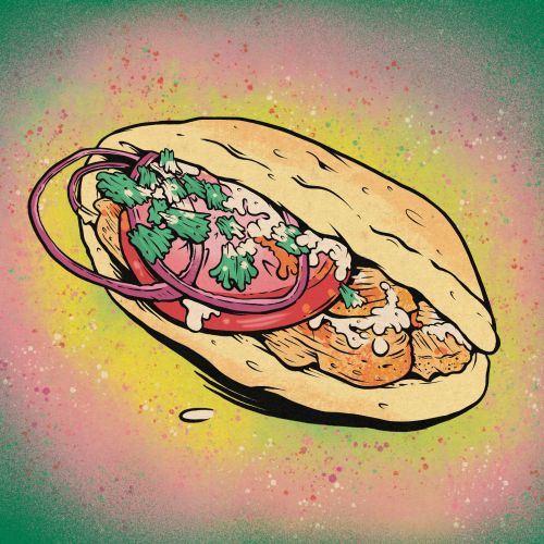 Illustration of a chicken gyro with tomatoes, onions, and herbs by Cat Sims