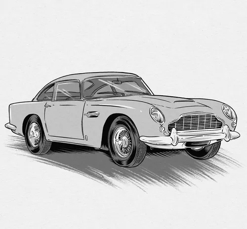 Black and white illustration of Aston Martin DB5 car by Cat Sims