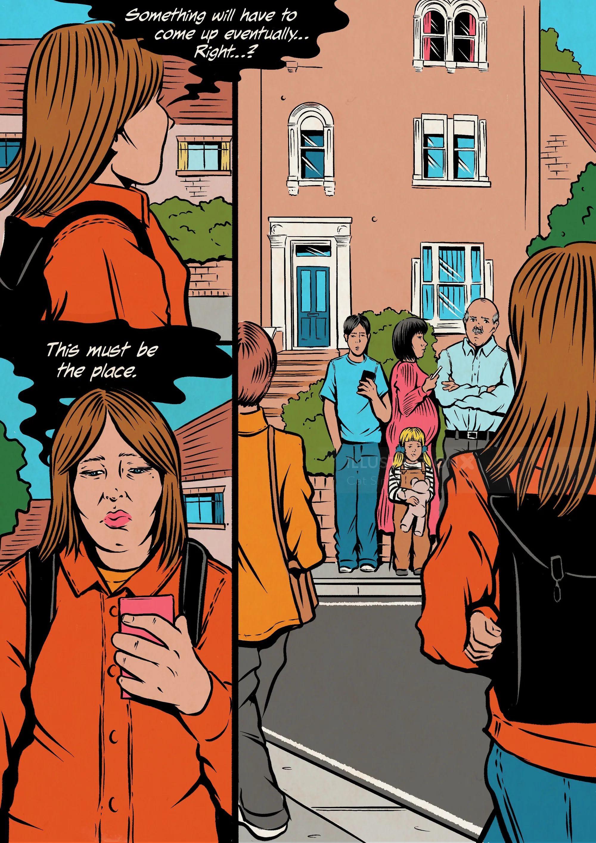 Woman arriving and looking at a family outside a house