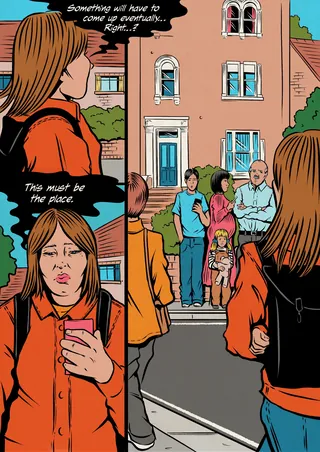 Woman arriving and looking at a family outside a house