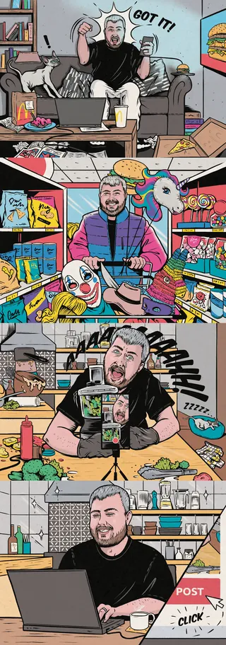 Comic panels of a man gaming, shopping, eating, and working on a laptop.