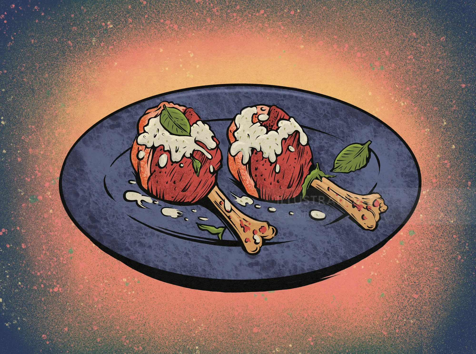 The image depicts two stylized "chicken lollipops"