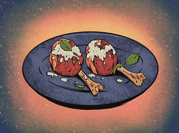 The image depicts two stylized "chicken lollipops"