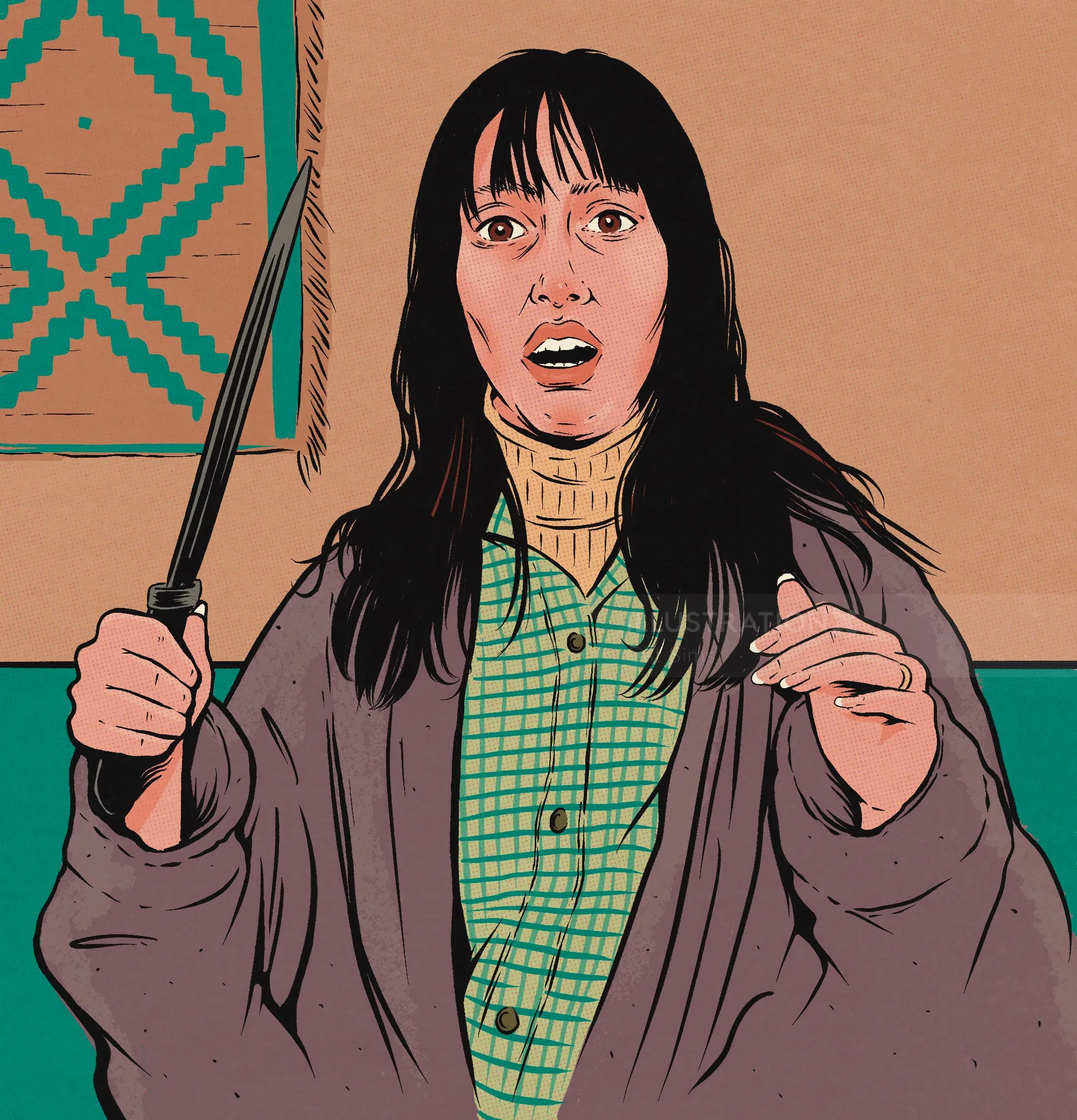 Shocked woman holding wand with open mouth and black hair