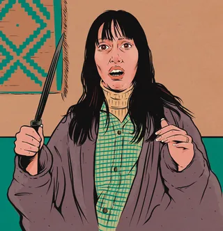 Shocked woman holding wand with open mouth and black hair
