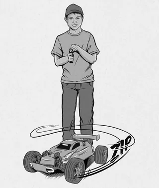 Illustration of a boy holding a remote control with RC car in motion