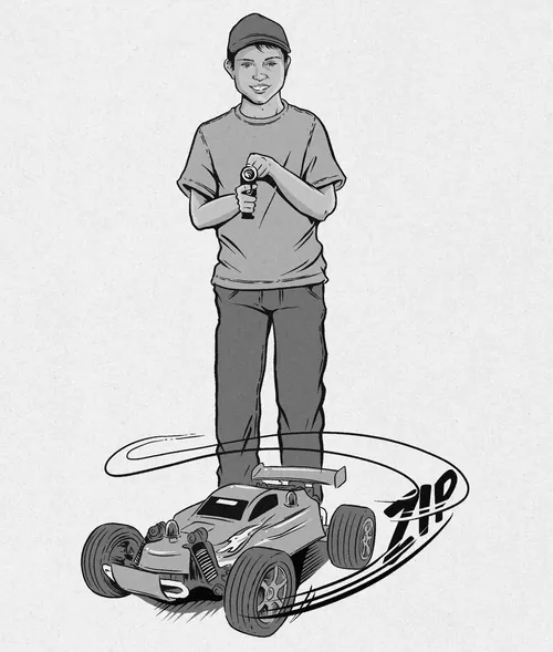 Illustration of a boy holding a remote control with RC car in motion