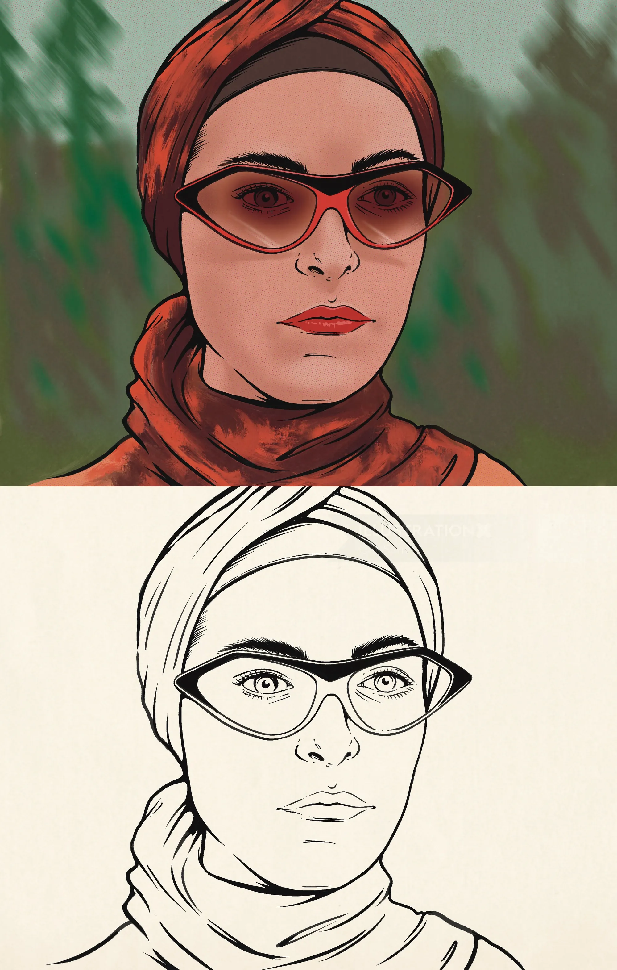 Woman in headscarf and sunglasses in both color and sketch styles
