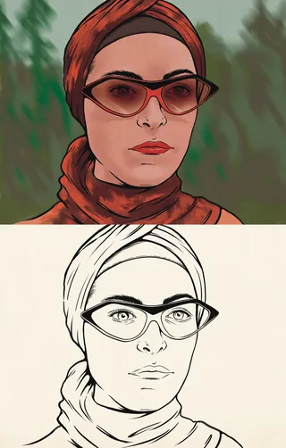 Woman in headscarf and sunglasses in both color and sketch styles