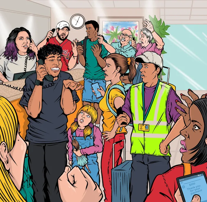 People arguing loudly in a busy indoor environment