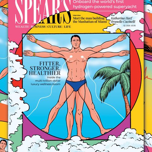 Spear's magazine cover with Vitruvian man illustration and tropical background