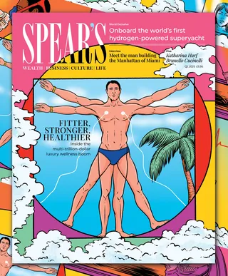 Spear's magazine cover with Vitruvian man illustration and tropical background