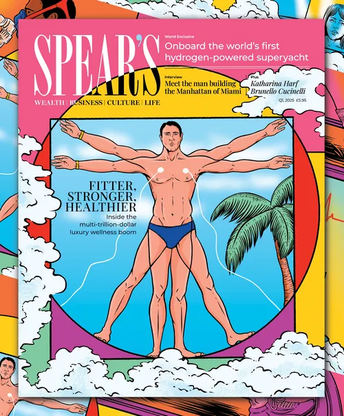 Spear's magazine cover with Vitruvian man illustration and tropical background