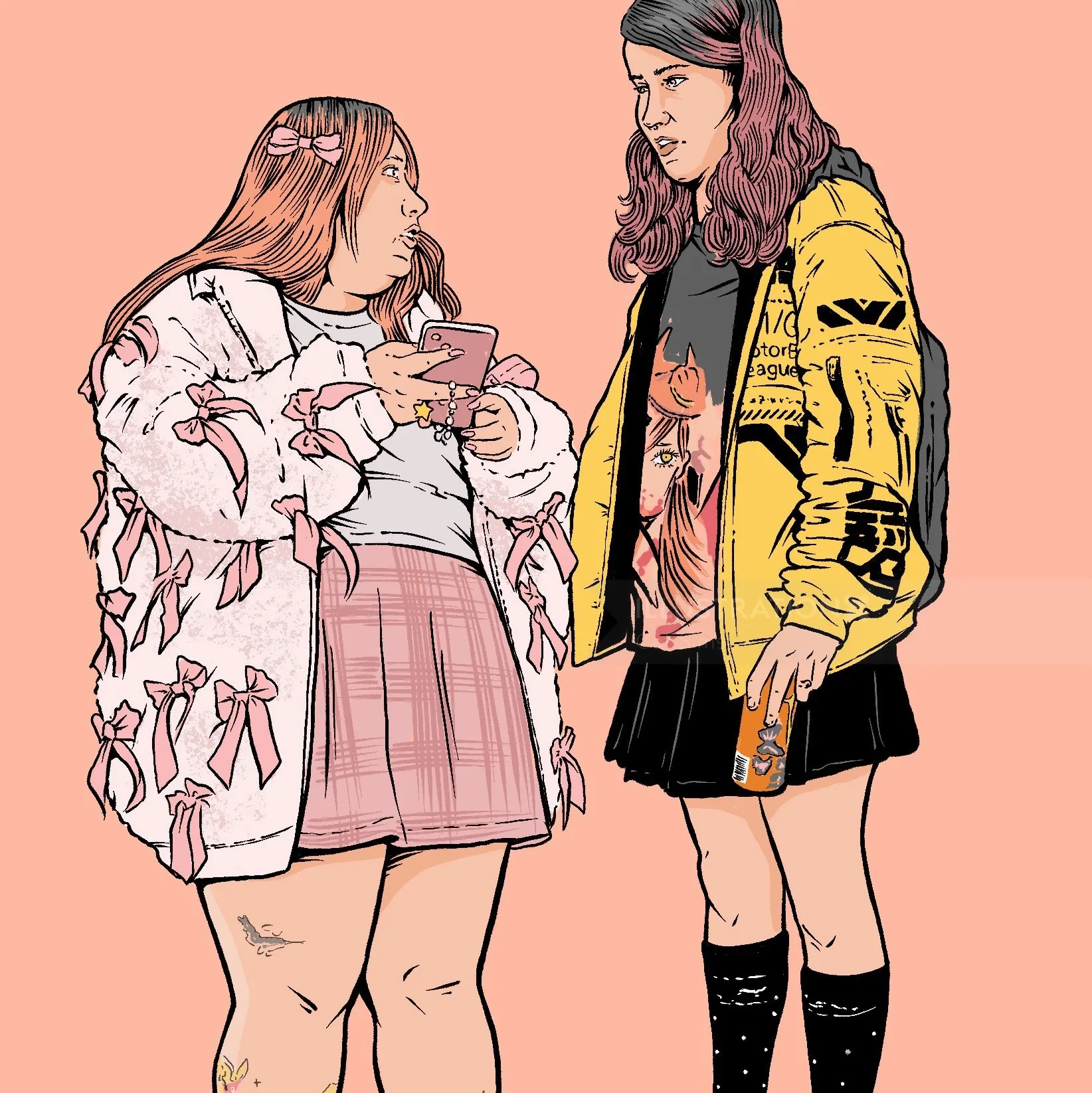 Two young women talking, one holding a cup, wearing trendy clothes