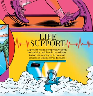 Wellness illustration with treadmill, heartbeat line, and person in water bath