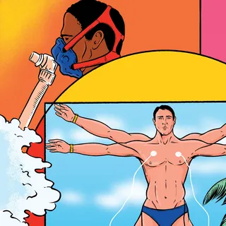 Man in blue swim briefs with device on face, lungs depicted in yellow circle