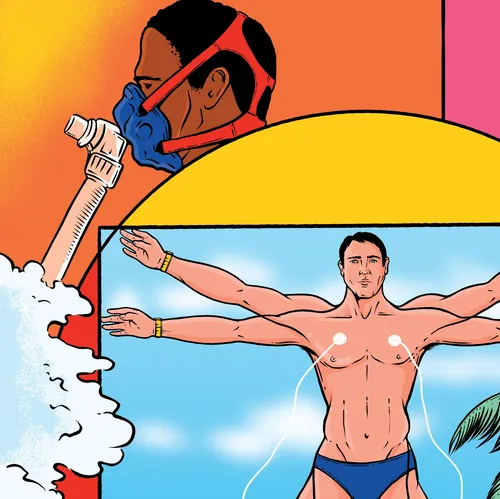 Man in blue swim briefs with device on face, lungs depicted in yellow circle