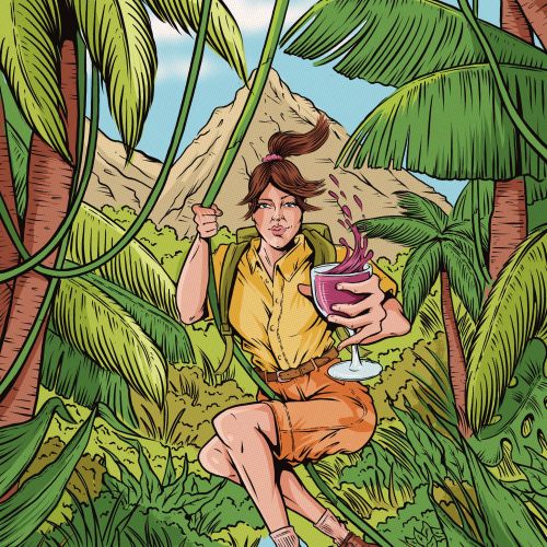 Woman swinging on vine over jungle stream with tropical drink