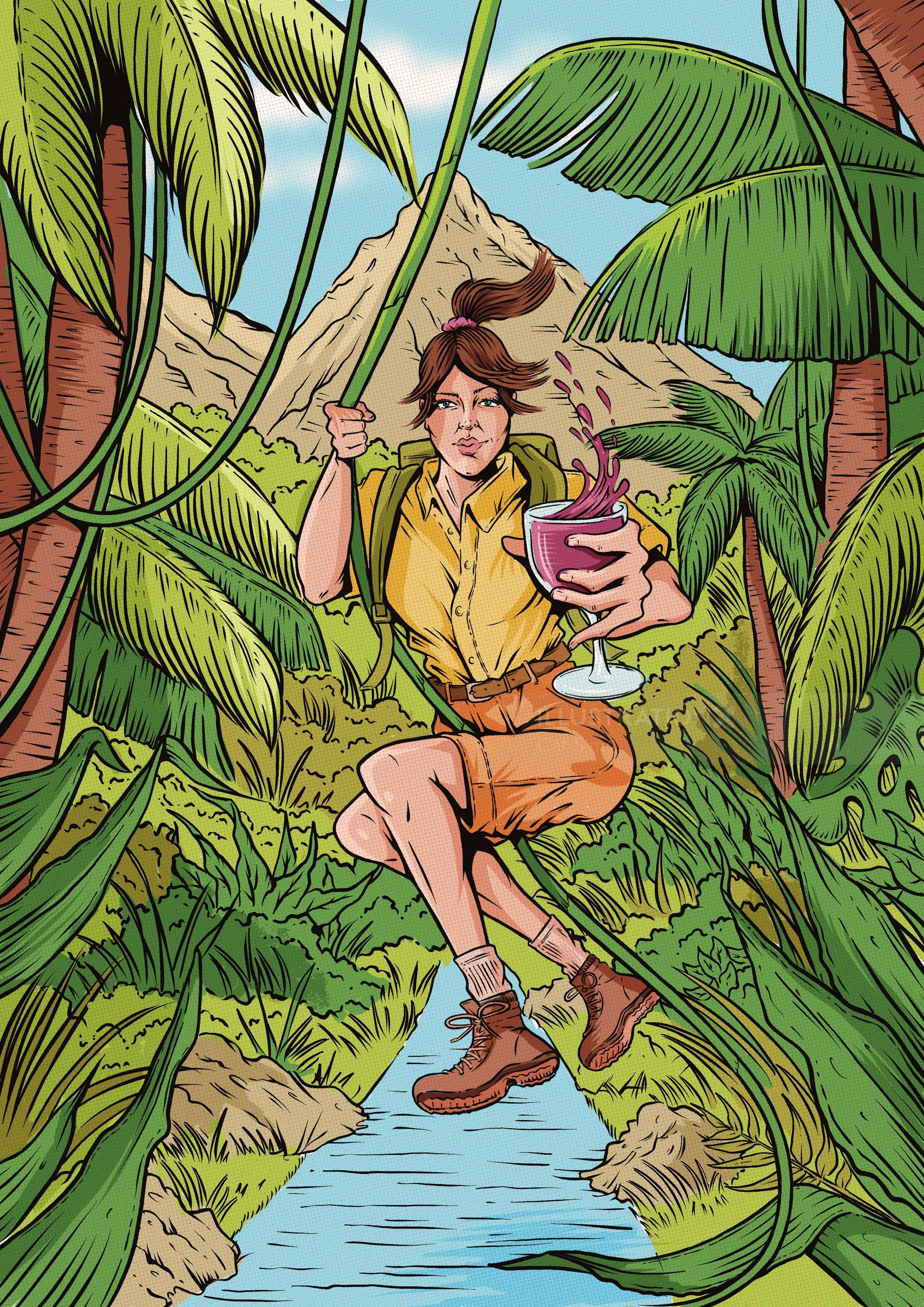 Woman swinging on vine over jungle stream with tropical drink