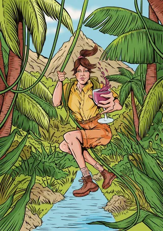Woman swinging on vine over jungle stream with tropical drink