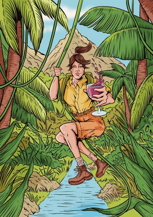 Woman swinging on vine over jungle stream with tropical drink