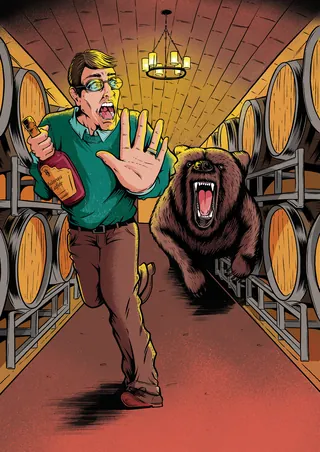 Man fleeing from a roaring bear in a barrel cellar.