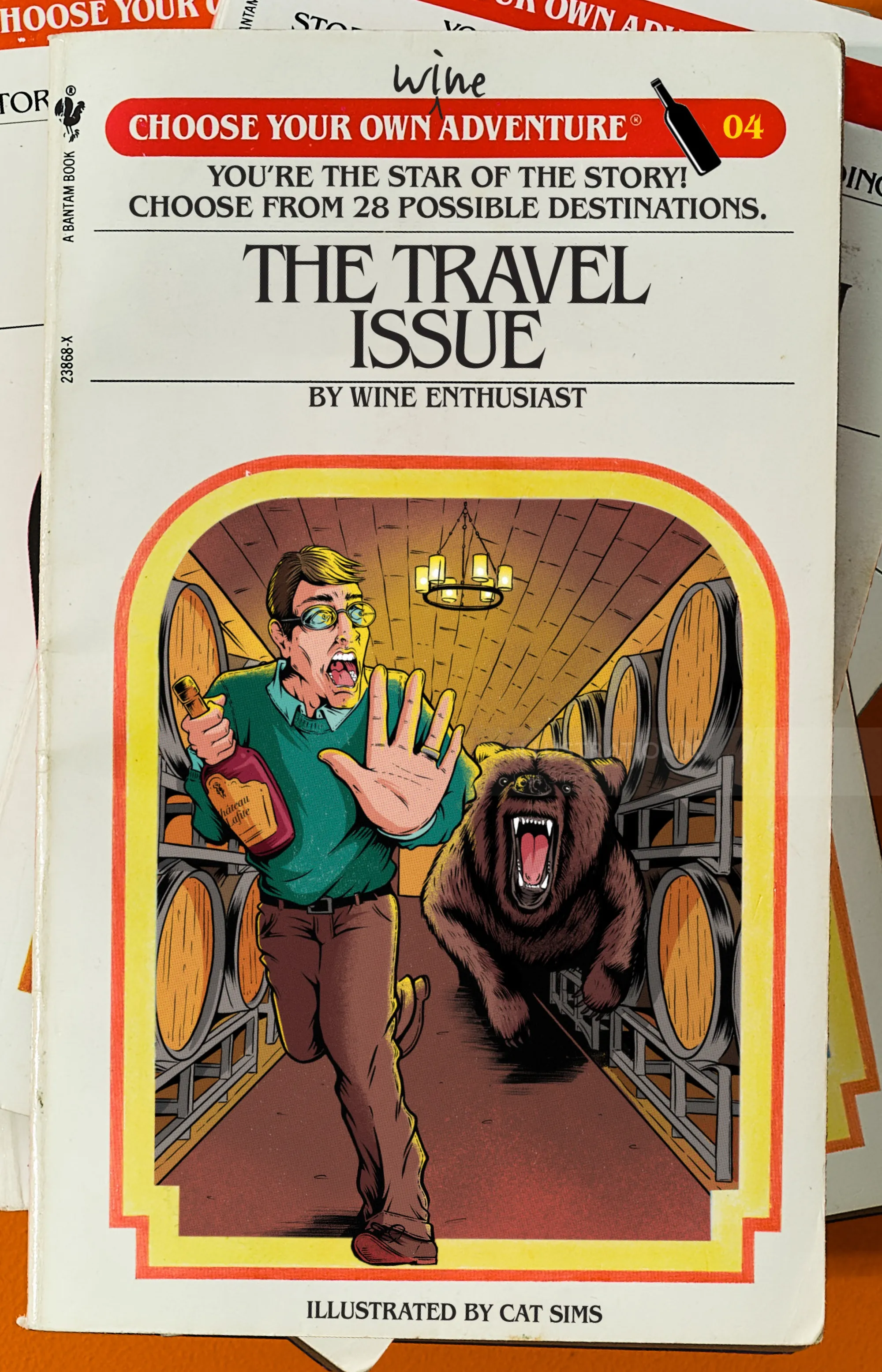 Man in a wine cellar startled by a bear among wine barrels
