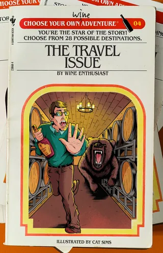 Man in a wine cellar startled by a bear among wine barrels