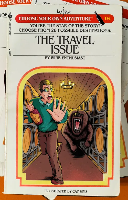 Man in a wine cellar startled by a bear among wine barrels