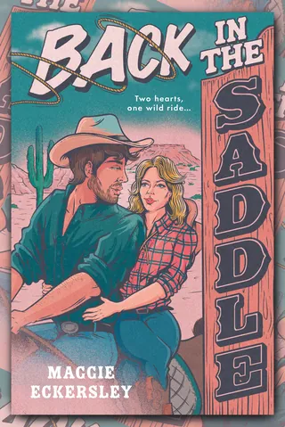 Cowboy and woman embracing on a saddle with book title