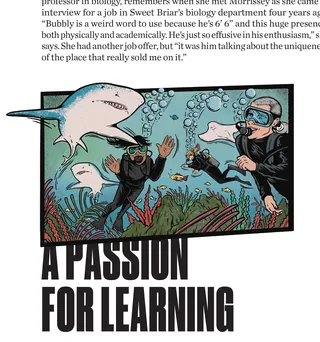 Two scuba divers studying sharks underwater