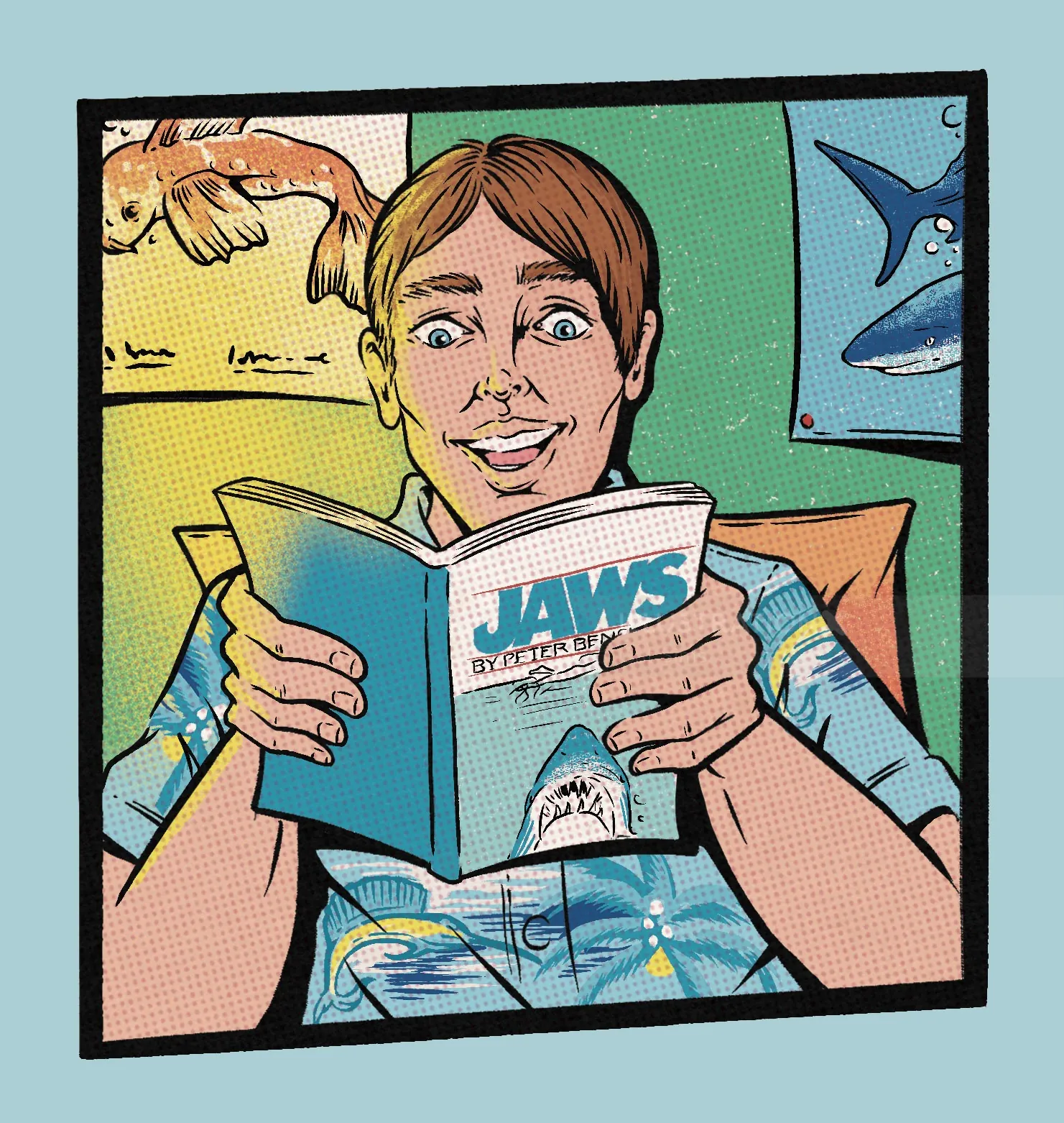 Person reading a book titled JAWS with shark posters behind