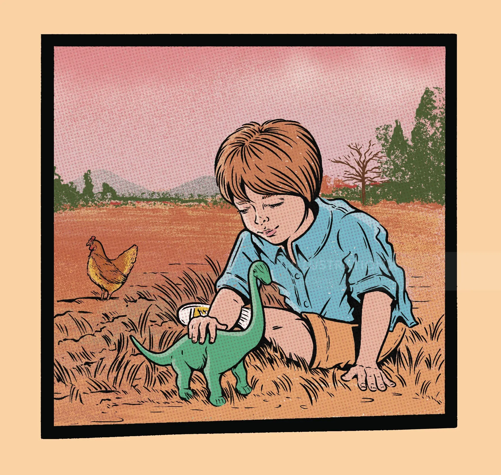Child playing with dinosaur toy outdoors near chicken in field