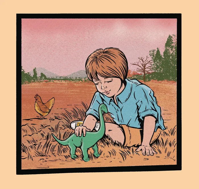Child playing with dinosaur toy outdoors near chicken in field
