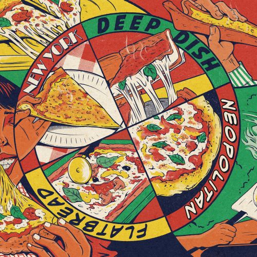 Colorful illustration of Pizza with people eating slices around a circular menu
