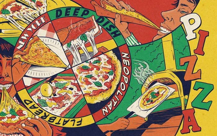Colorful illustration of Pizza with people eating slices around a circular menu