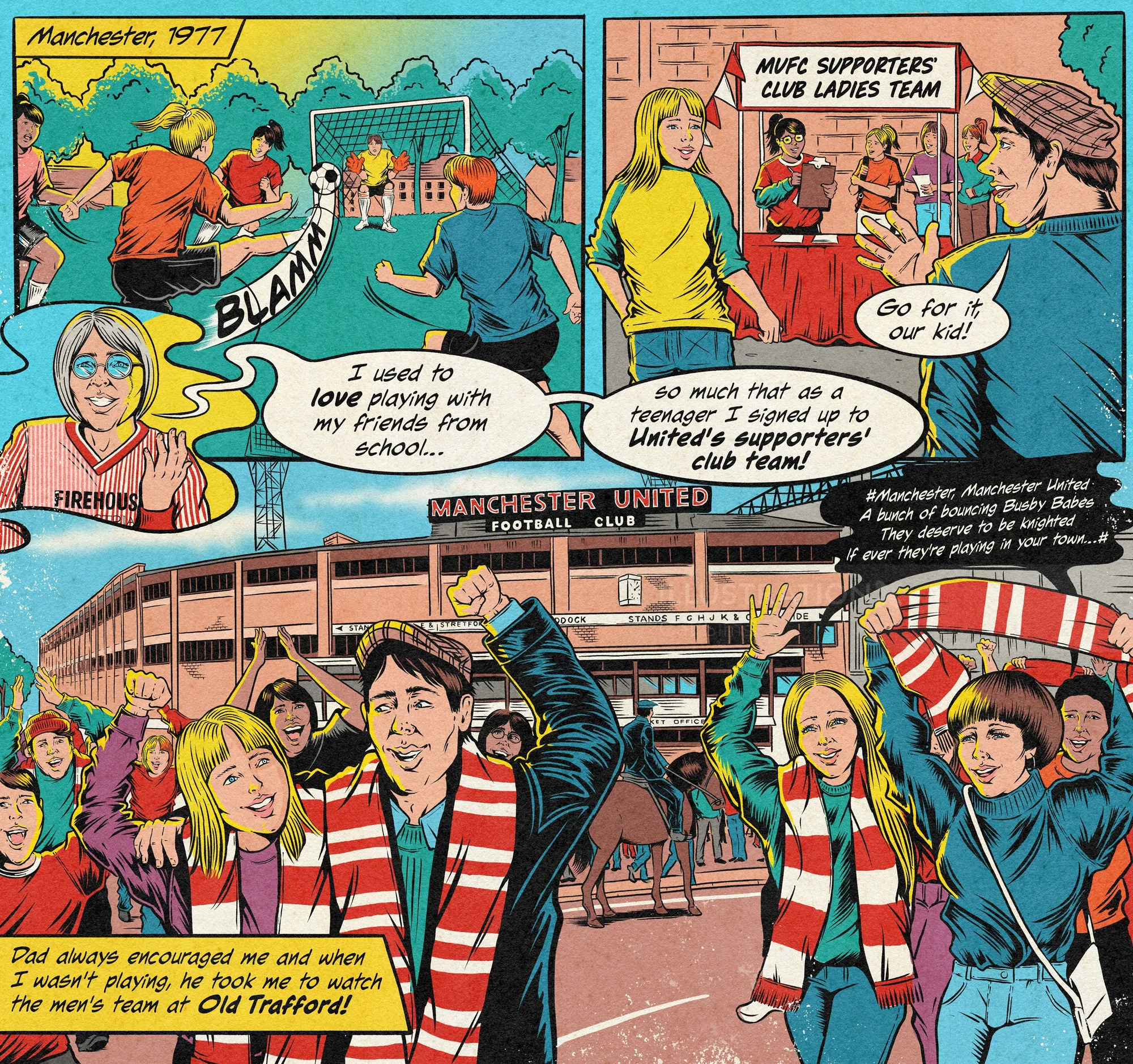 Comic showing Manchester United fans cheering at Old Trafford stadium