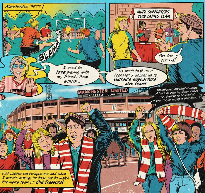 Comic showing Manchester United fans cheering at Old Trafford stadium
