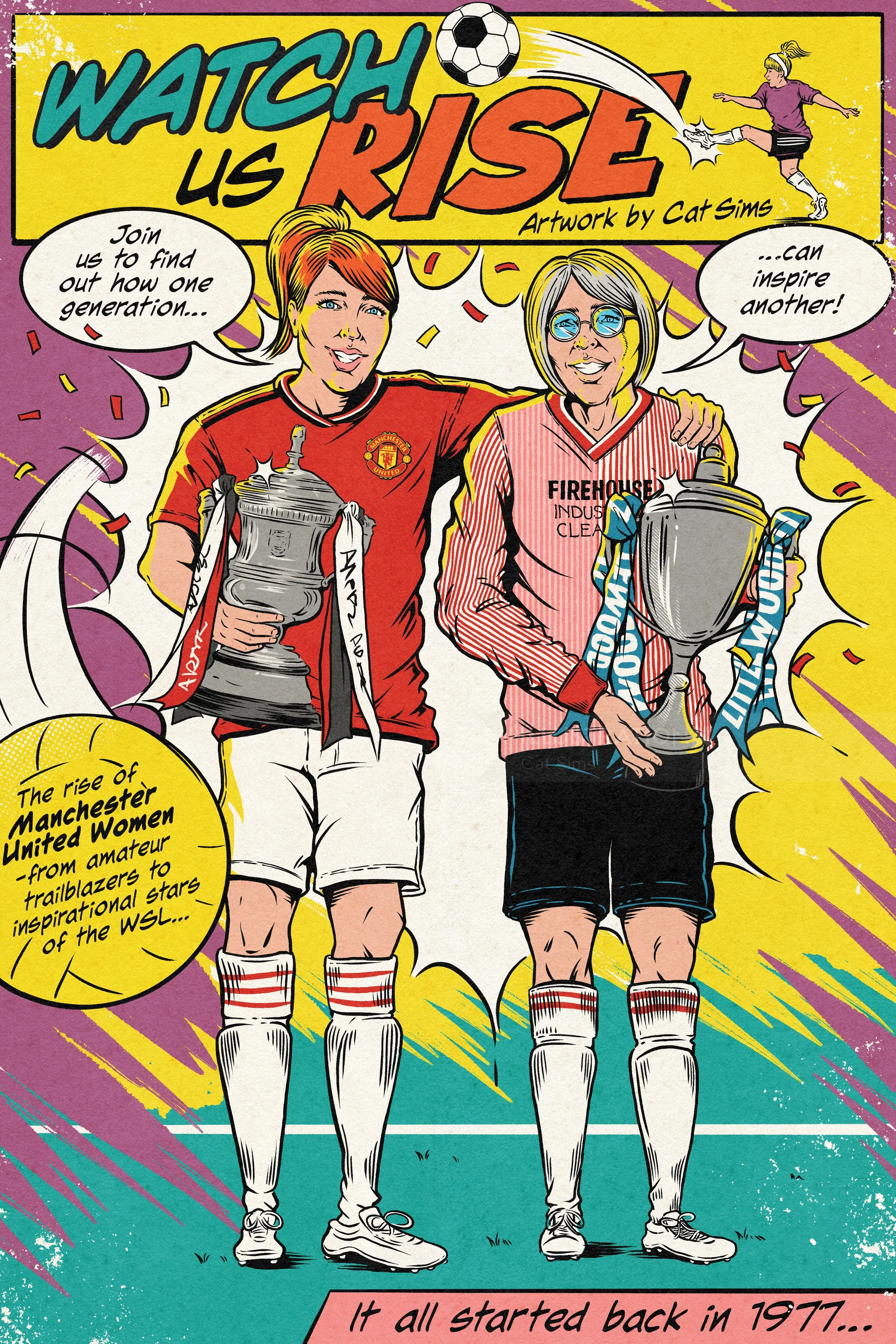 Two soccer players holding trophies in comic style artwork