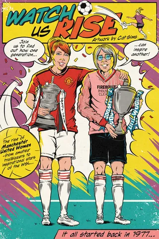 Two soccer players holding trophies in comic style artwork
