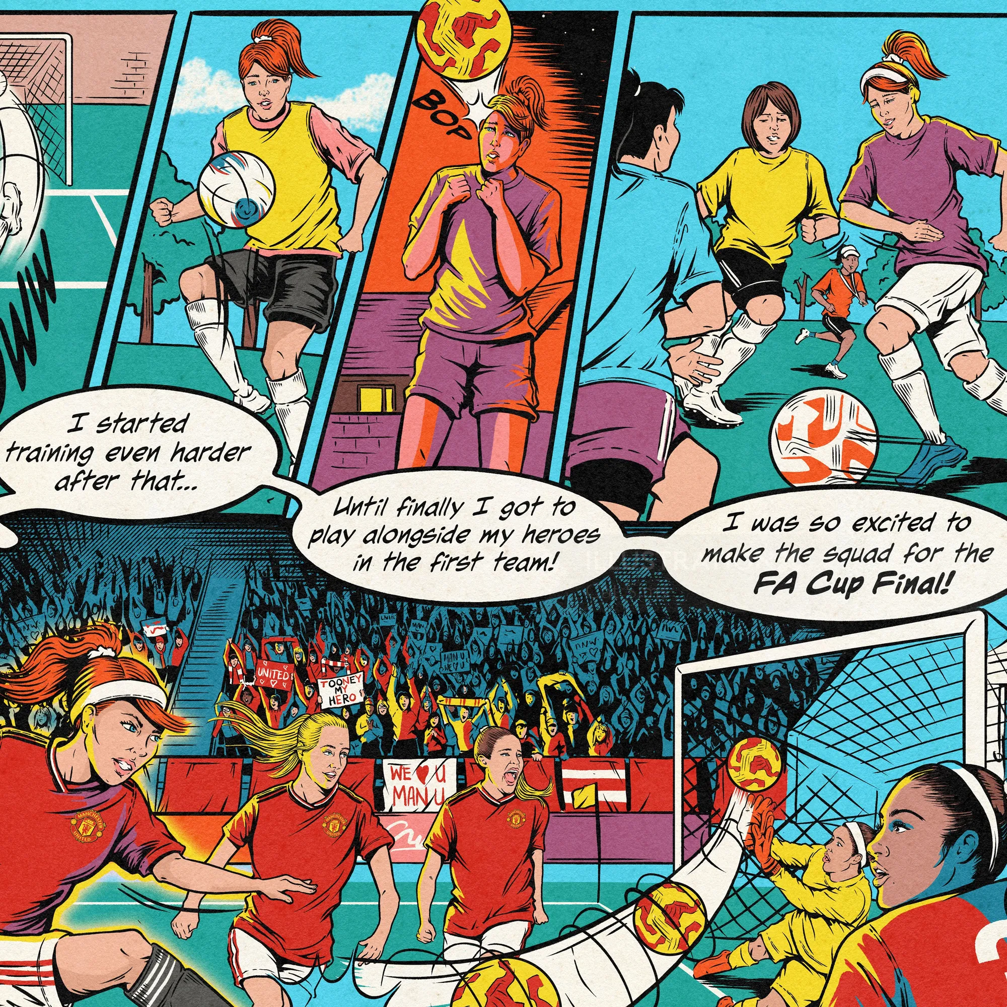 Comic panels showing female soccer players training and playing in a match